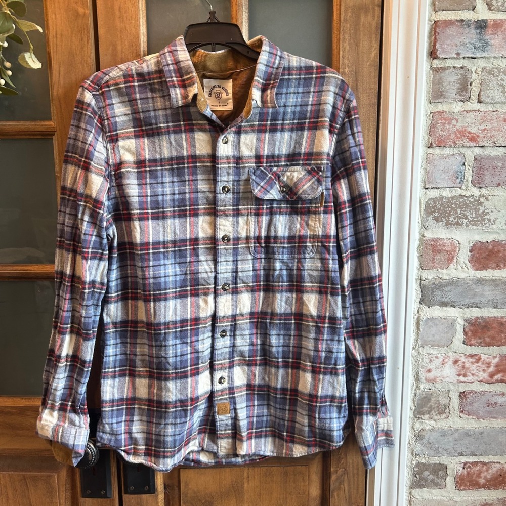 Dubinik Flannel Shirt Mens Small Blue Red Plaid‎ Corduroy Trim Cotton Workwear